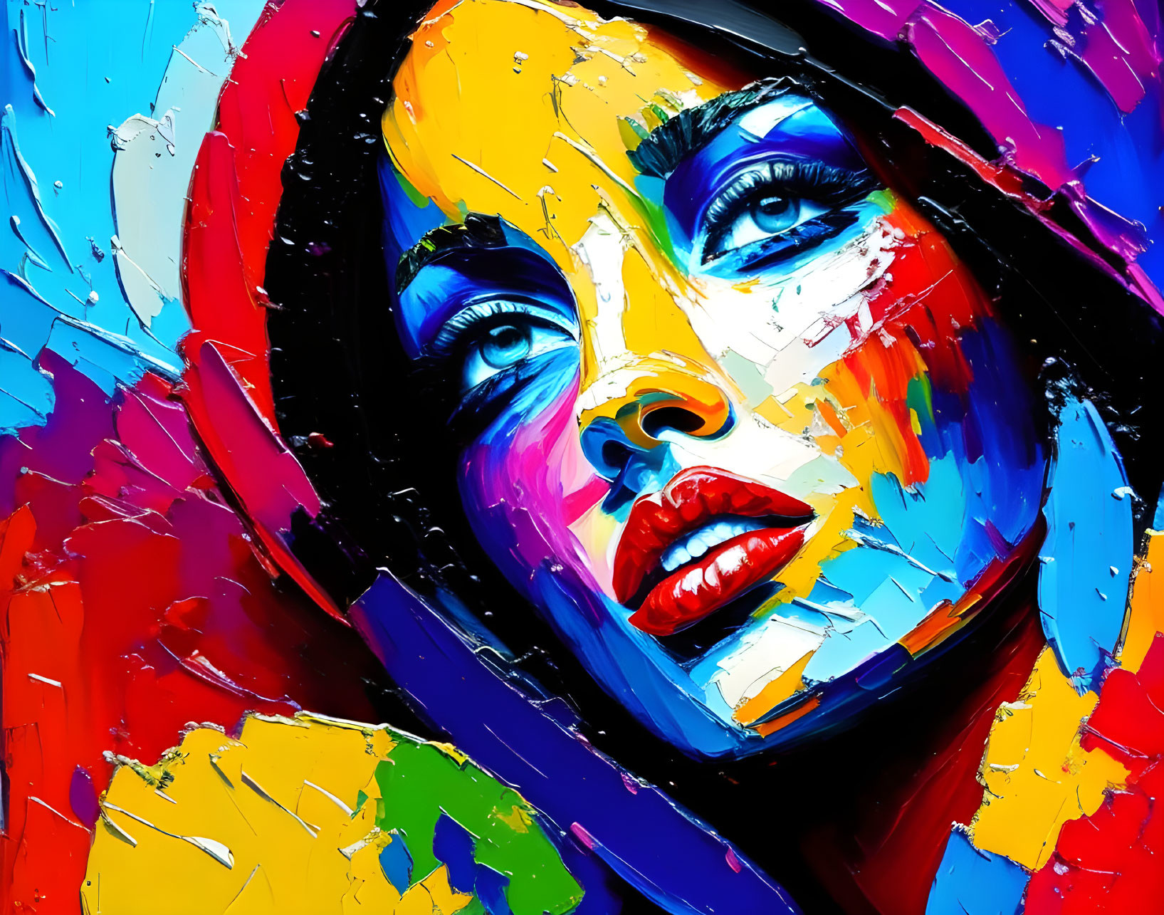 Colorful Abstract Portrait Featuring Blue Eyes and Red Lips