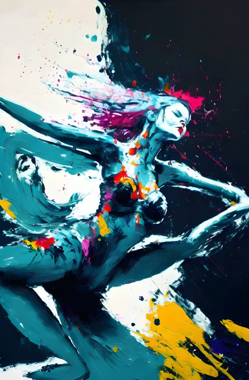 Vibrant abstract painting of female figure in colorful splashes