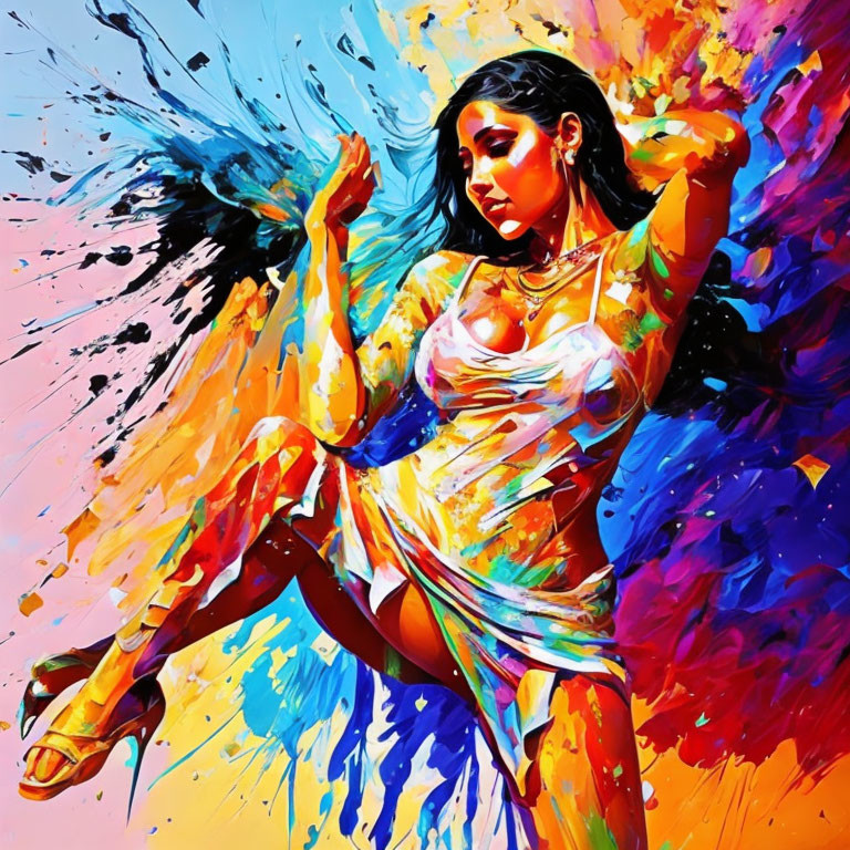 Colorful Artwork: Dynamic Woman in Abstract Pose with Paint Splashes