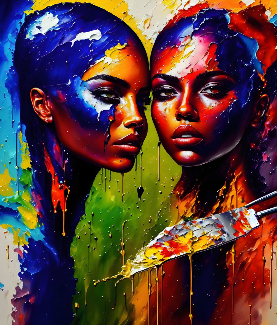 Colorful portrait of two faces merged with vibrant paint for a sense of unity