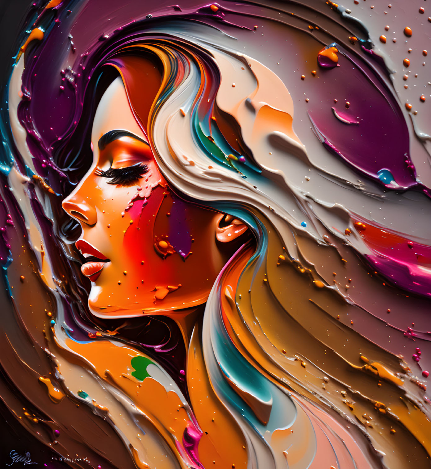 Colorful digital artwork of a woman's profile with swirling paint-like splashes on dark backdrop