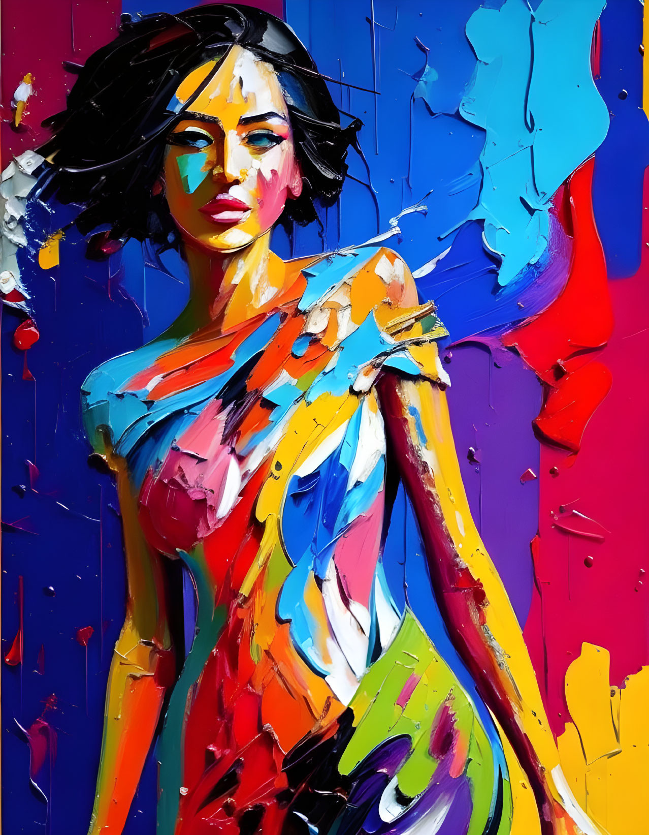 Colorful Palette Knife Painting of Woman in Abstract Dress on Blue Background