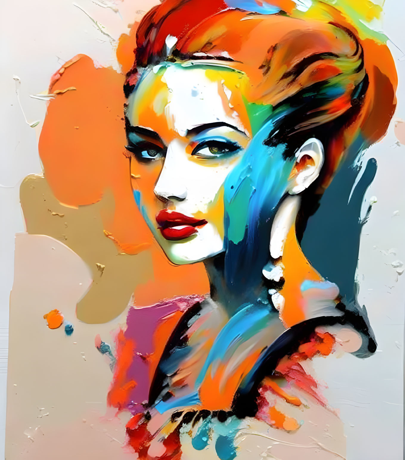 Colorful Abstract Portrait of Woman with Bold Brush Strokes in Orange, Blue, and Red