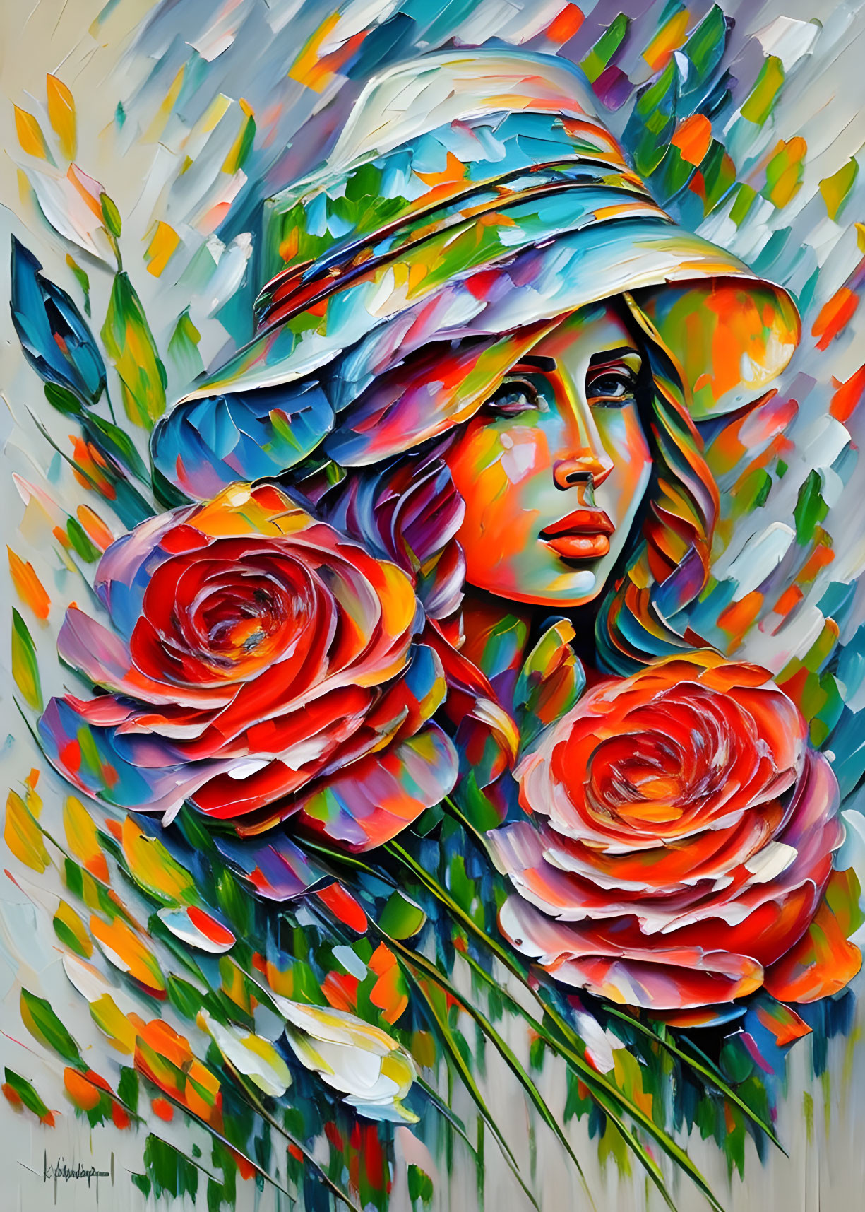 Vibrant portrait of a woman with hat and red roses in colorful brushstroke background