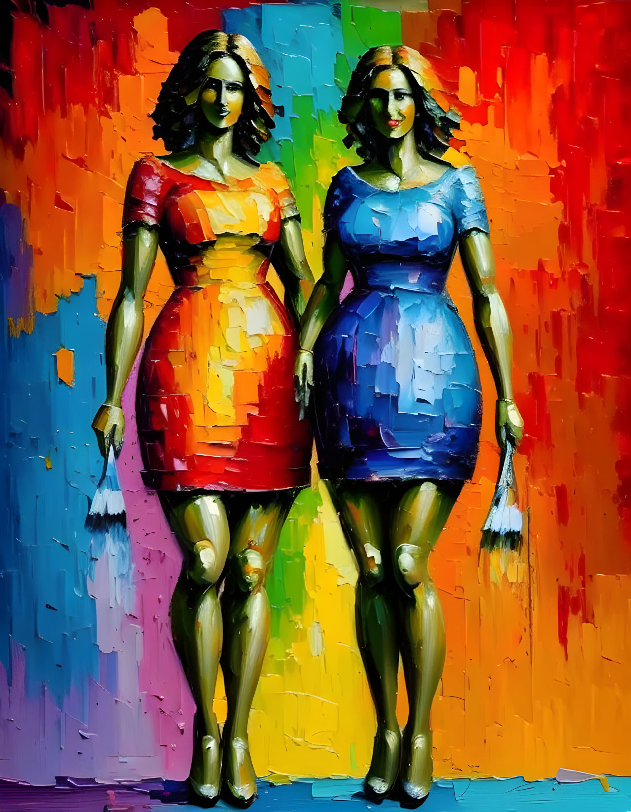 Vibrantly Painted Women in Colorful Dresses Walking Confidently