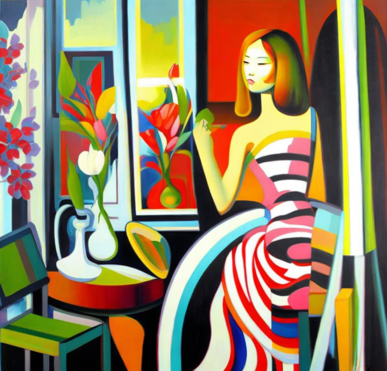 Colorful painting of woman in striped dress with flower by window