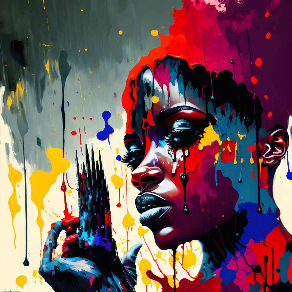 Colorful Paint Dripping Portrait with Emotional Expression