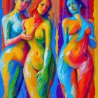 Colorful Abstract Painting Featuring Two Female Figures in Blue, Red, and Yellow Tones