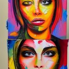 Stylized, colorful female faces with dramatic makeup in vertical panels