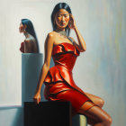 Woman in Red Satin Dress Contemplating with Statue Reflection
