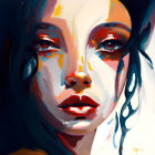 Vibrant abstract portrait of a woman with red lips and expressive eyes
