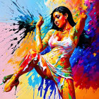 Colorful Artwork: Dynamic Woman in Abstract Pose with Paint Splashes