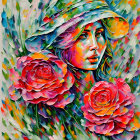 Vibrant portrait of a woman with hat and red roses in colorful brushstroke background