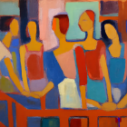 Vibrant abstract painting of five women in flowing dresses