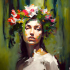 Woman with Floral Crown and Vibrant Brushstrokes in Green and Yellow