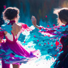 Dynamic artistic depiction of two women merging with vibrant paint splashes