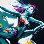 Vibrant abstract painting of female figure in colorful splashes