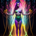 Colorful neon body painting against dark backdrop