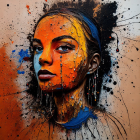 Colorful paint splatters adorn woman's portrait in creative chaos