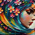 Colorful woman's profile with swirling hair and flowers: artistic illustration
