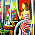 Colorful painting of woman in striped dress with flower by window