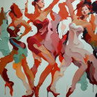 Colorful artwork of three dancing figures in flowing dresses against teal backdrop