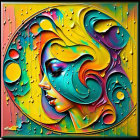Vibrant abstract portrait of a woman with swirling patterns and raindrop textures