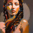 Vibrant portrait of a contemplative woman in orange, yellow, and brown brushstrokes