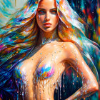 Vibrant artwork featuring woman with colorful flowing hair
