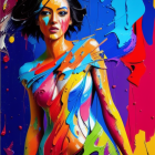 Colorful Palette Knife Painting of Woman in Abstract Dress on Blue Background