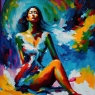 Vibrant abstract painting of seated woman in red, blue, and yellow strokes