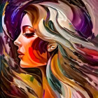 Colorful digital artwork of a woman's profile with swirling paint-like splashes on dark backdrop