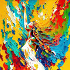 Colorful digital artwork: Woman with flowing hair in abstract red, yellow, blue, white splash
