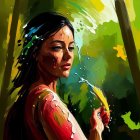 Colorful paint splattered woman holding paintbrush