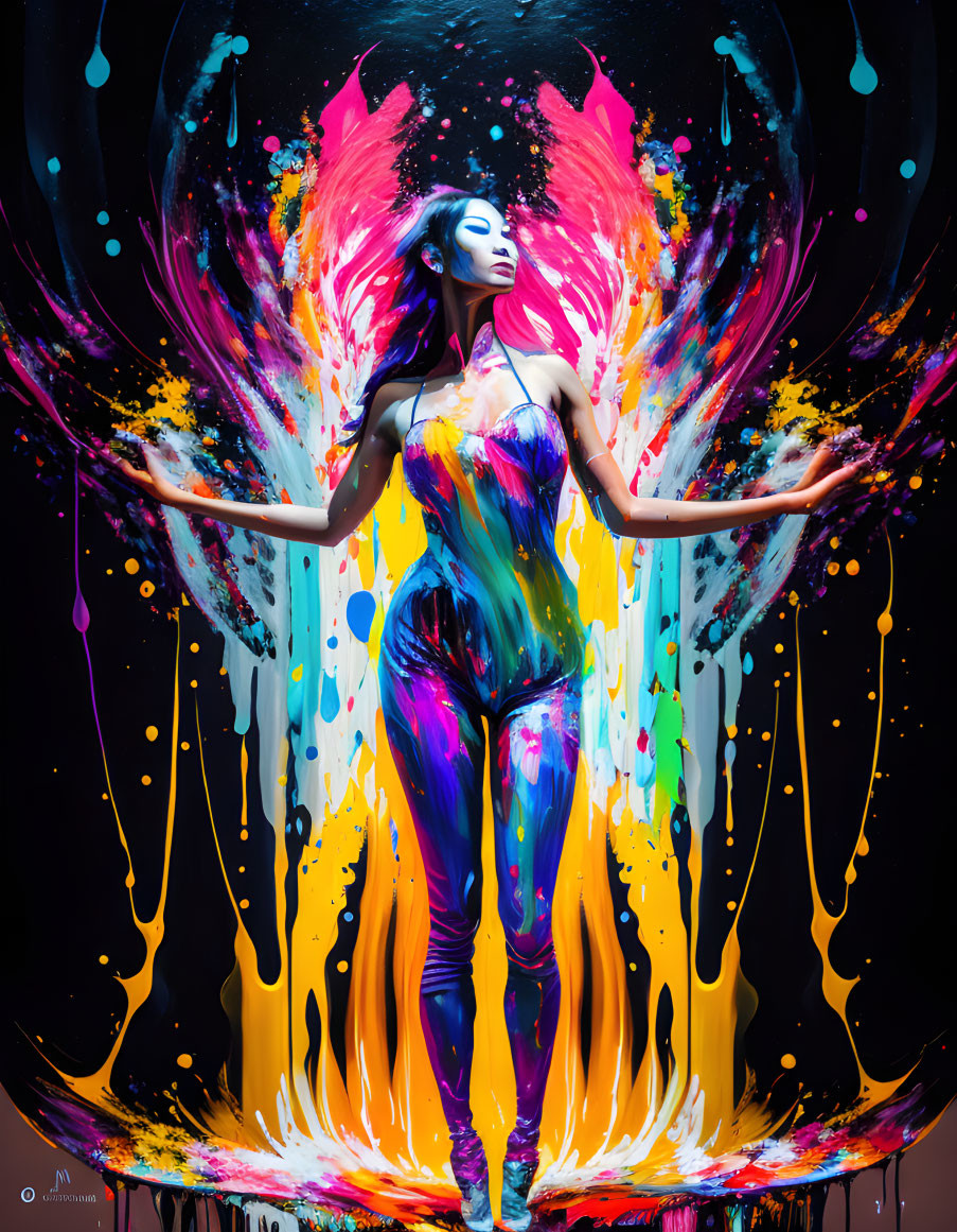 Colorful neon body painting against dark backdrop