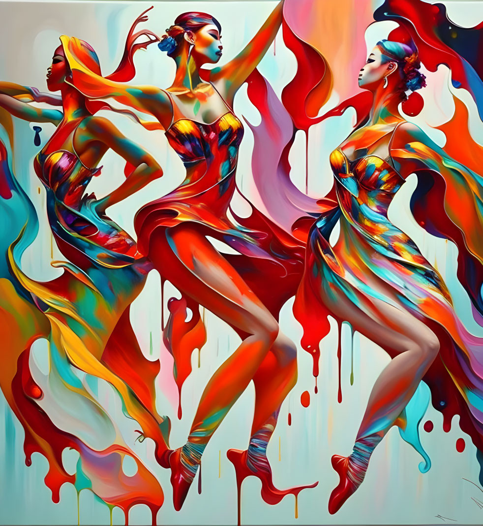 Colorful artwork of three dancing figures in flowing dresses against teal backdrop