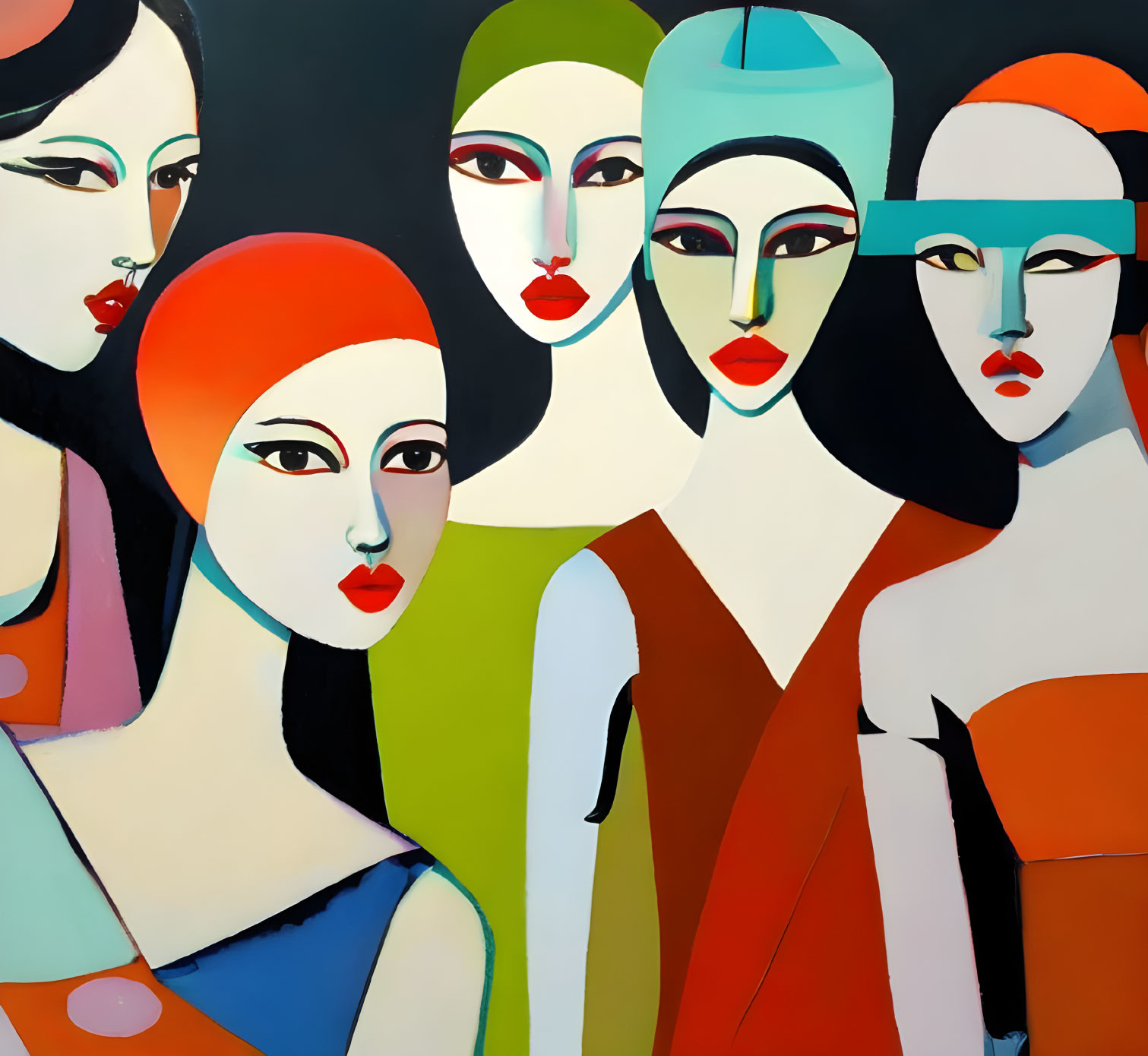 Vibrant abstract painting: Six stylized female figures with oversized eyes and elongated faces on geometric