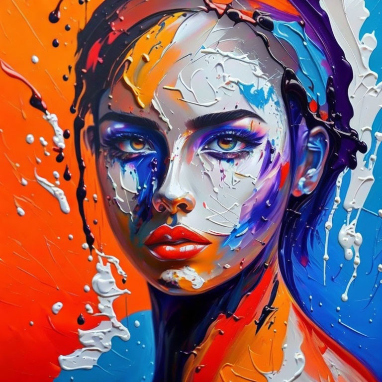 Colorful portrait of a woman's face with dynamic blue, orange, white, and red splashes