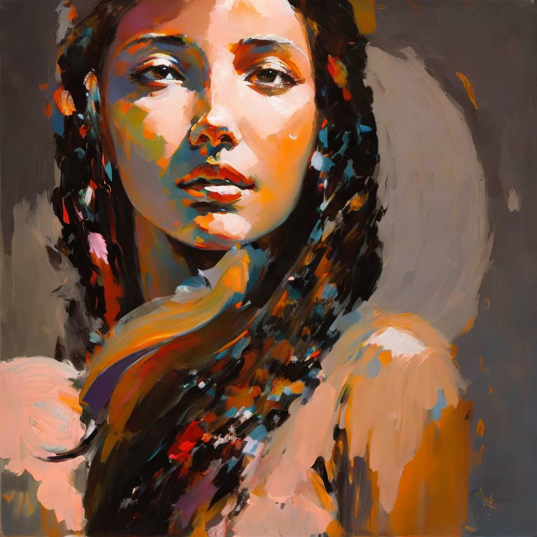 Vibrant portrait of a contemplative woman in orange, yellow, and brown brushstrokes