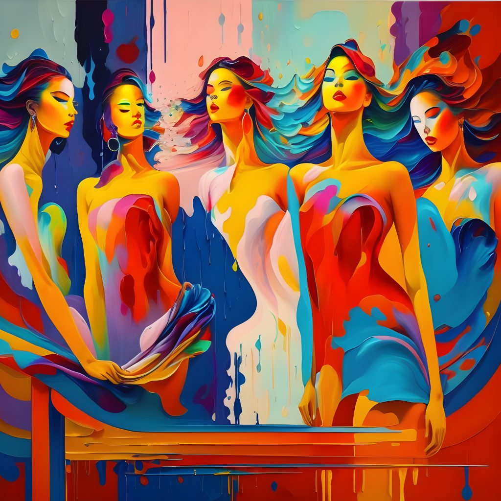 Vibrant abstract painting of five women in flowing dresses