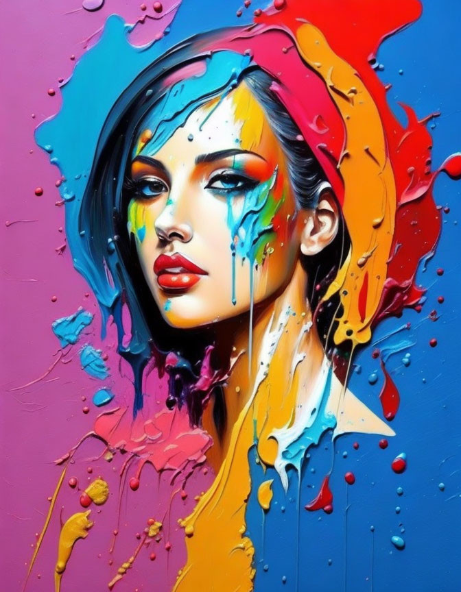 Colorful Portrait of Woman with Paint Splashes and Drips