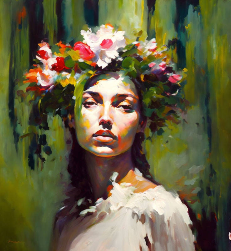 Woman with Floral Crown and Vibrant Brushstrokes in Green and Yellow