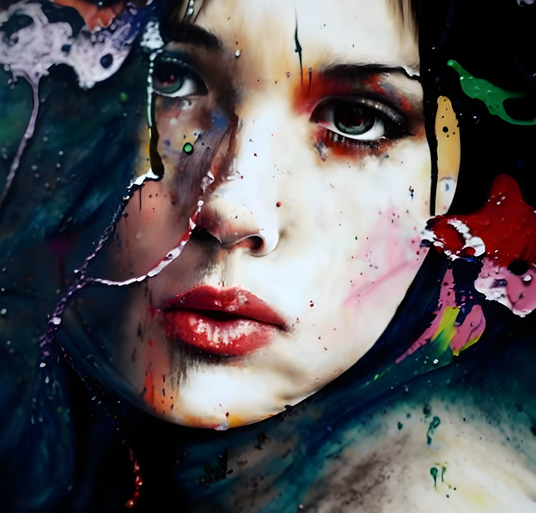 Abstract portrait of woman with vibrant paint splatters