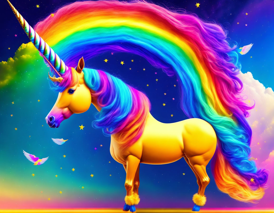 Colorful Golden Unicorn Illustration with Rainbow Sky