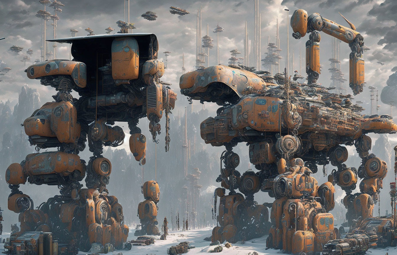 Dystopian landscape with weathered mechanical robots in snow-covered ruins