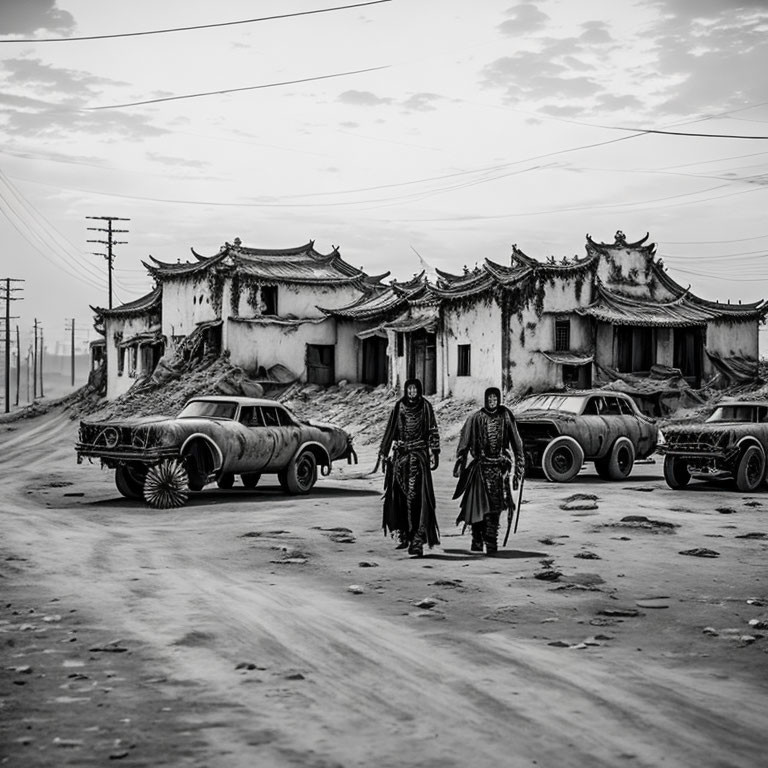 Desolate setting with two people walking on dusty road