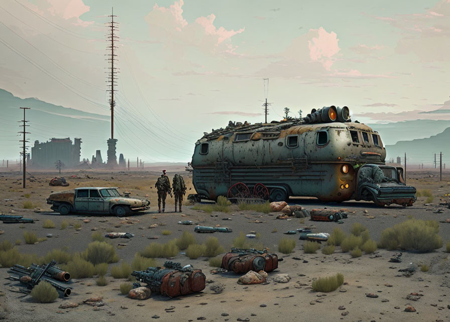 Desolate post-apocalyptic scene with person by armored vehicle