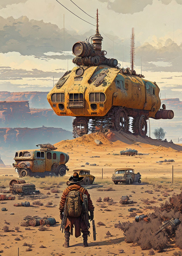 Post-apocalyptic landscape with dilapidated hovering structure and abandoned vehicles under hazy sky