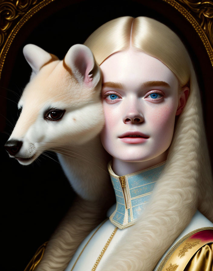 Surreal portrait of person with white fox head on alabaster skin, ornate frame