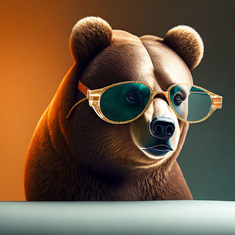 Stylized bear head with human-like eyes in fashion sunglasses on orange background